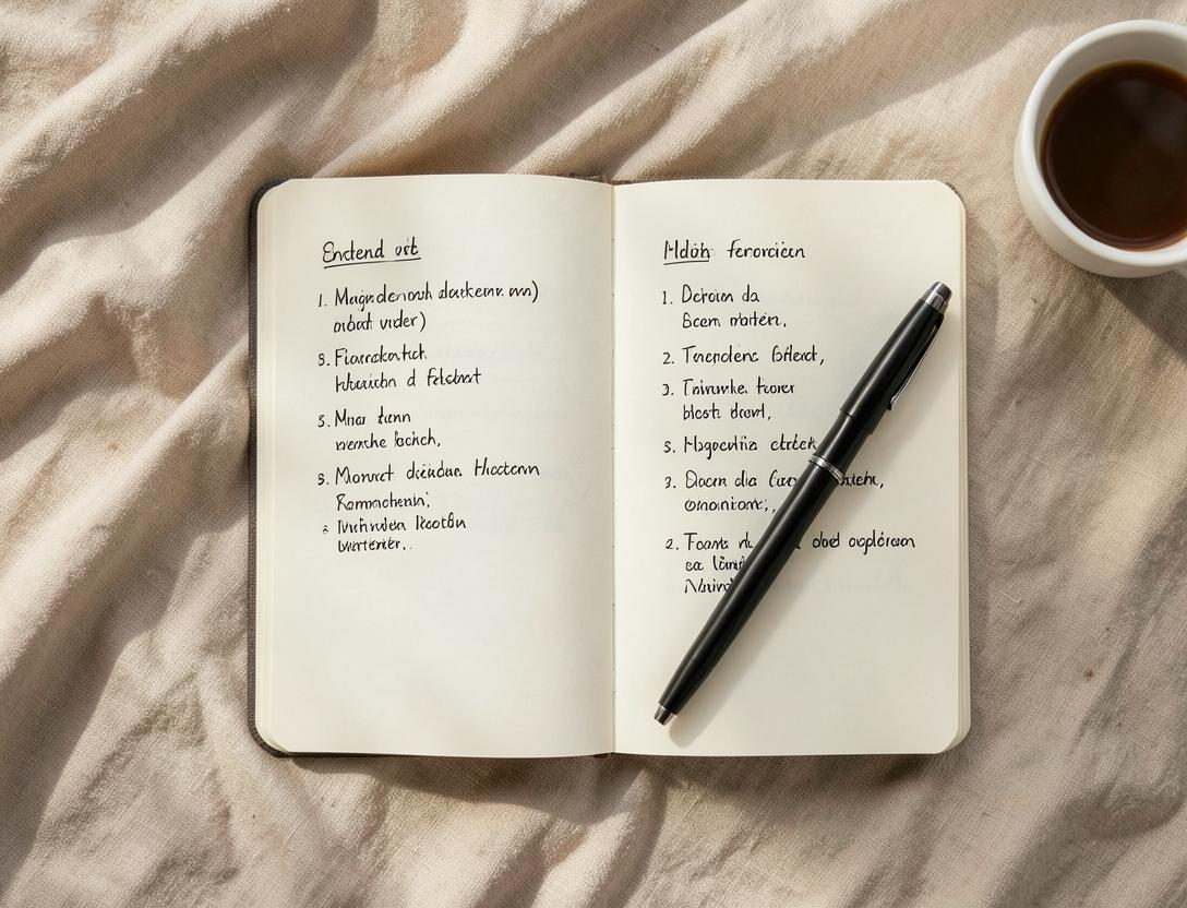 Cuaderno abierto con apuntes de vocabulario alemán, un bolígrafo y una taza de café