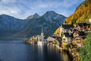 lake, village, church- austria